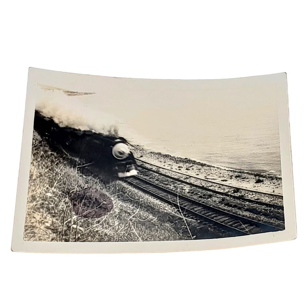 Vtg 1940s B&W Photo Steam Locomotive Next to Ocean Steam Coming Out Train Travel